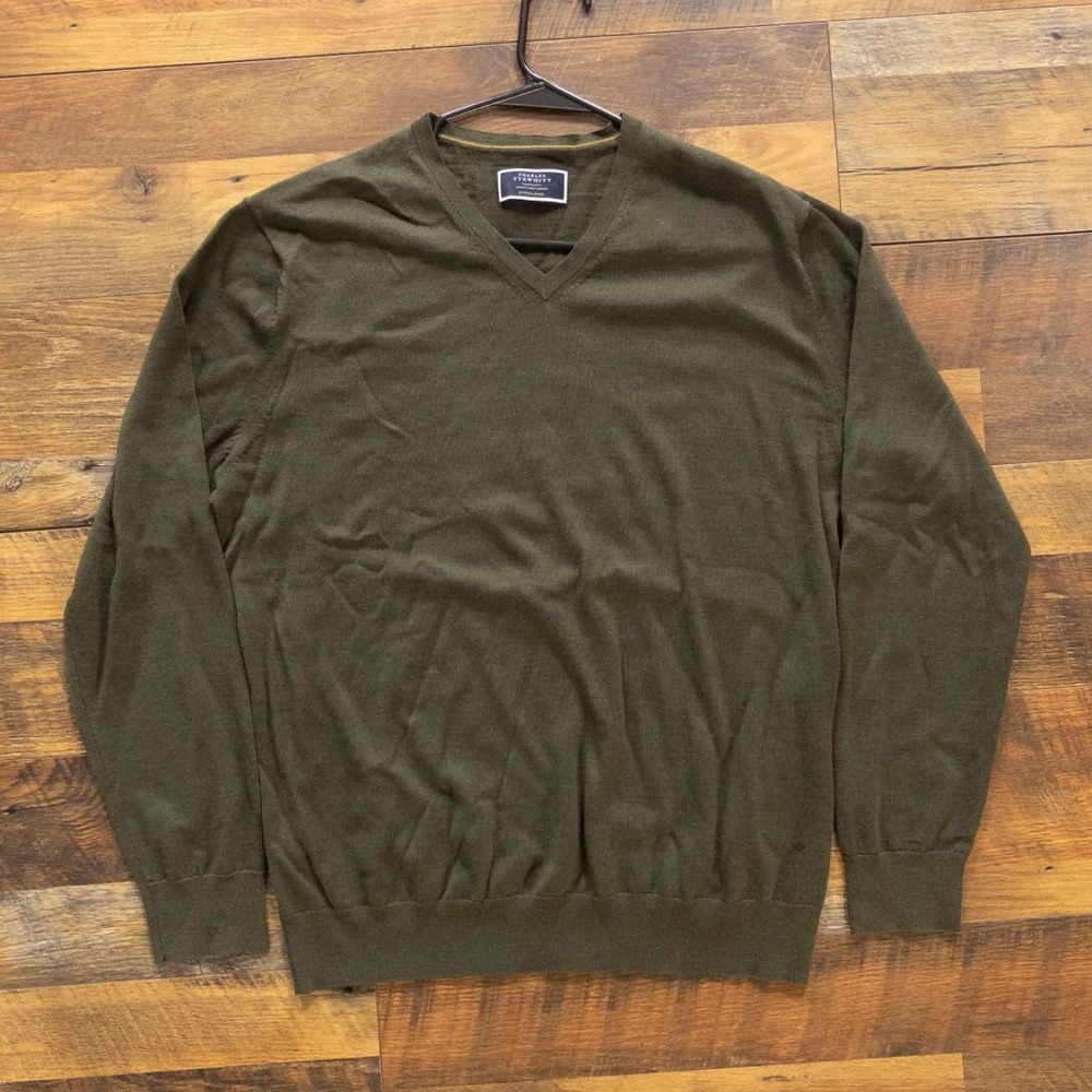 Charles Tyrwhitt V-Neck Merino Wool Sweater Mens XL Olive Green Pullover Jumper